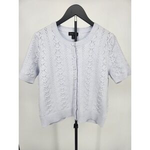 Amore Rose Womens Light Blue Short Sleeve Pointelle Knit Cardigan Sweater Size M